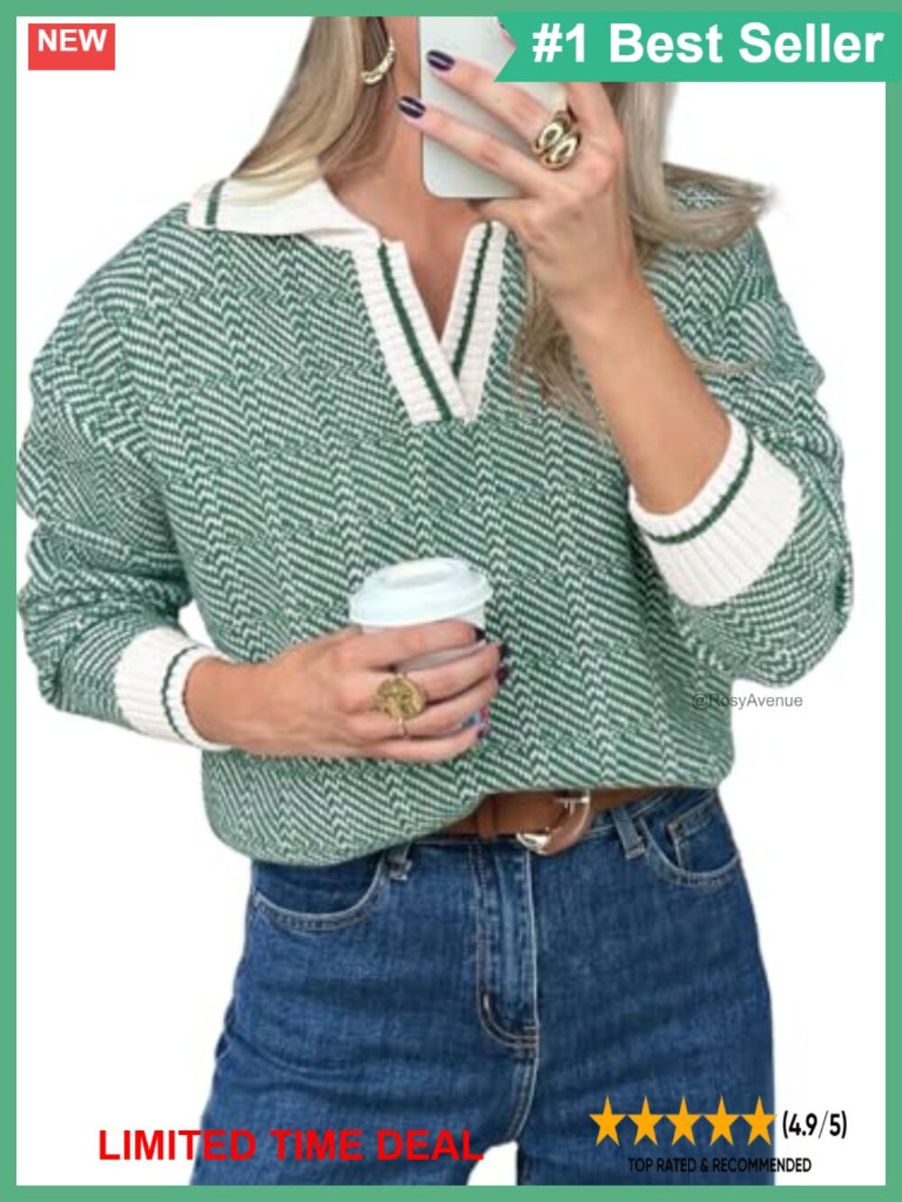 Womens Chunky Knit V Neck Lapel Color Block Sweater Pullover